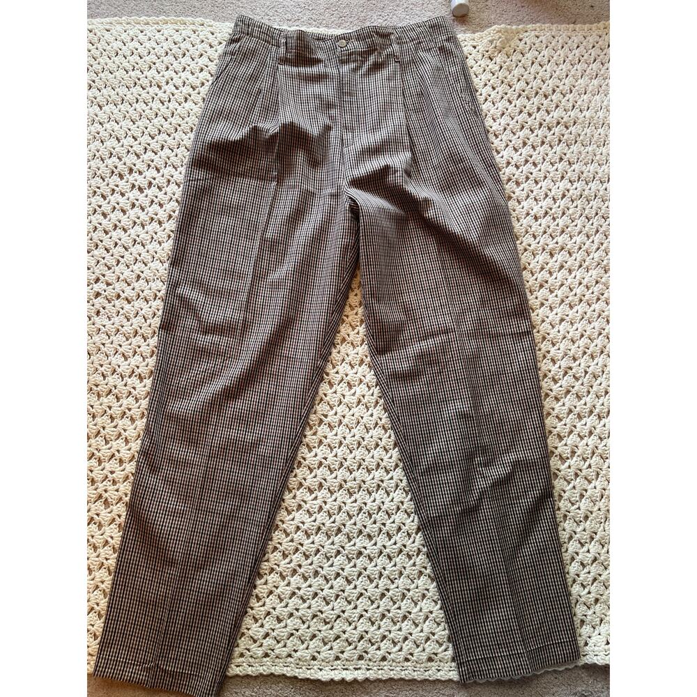 Vintage 90s Plaid Pants Brown Pleated Cotton Relaxed Straight Leg Size Large - Picture 3 of 5